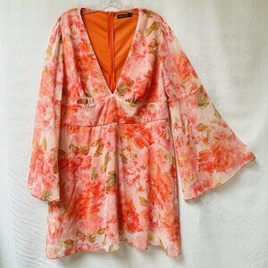 Double Crazy Dress Womens 2XL Orange Floral V-Neck Flutter Sleeves Fairy Party